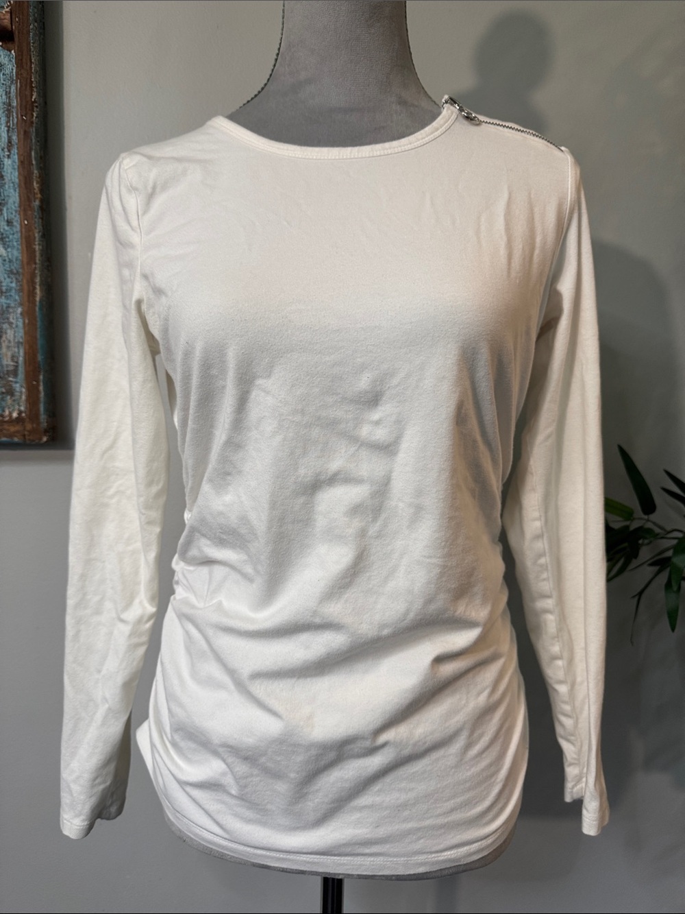 Michael Kors White Long Sleeve Crewneck Top with Shoulder Zip
